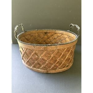 Vtg. Basket Slat Wood Woven Handcrafted Farmhouse Cottagecore Wire Handles